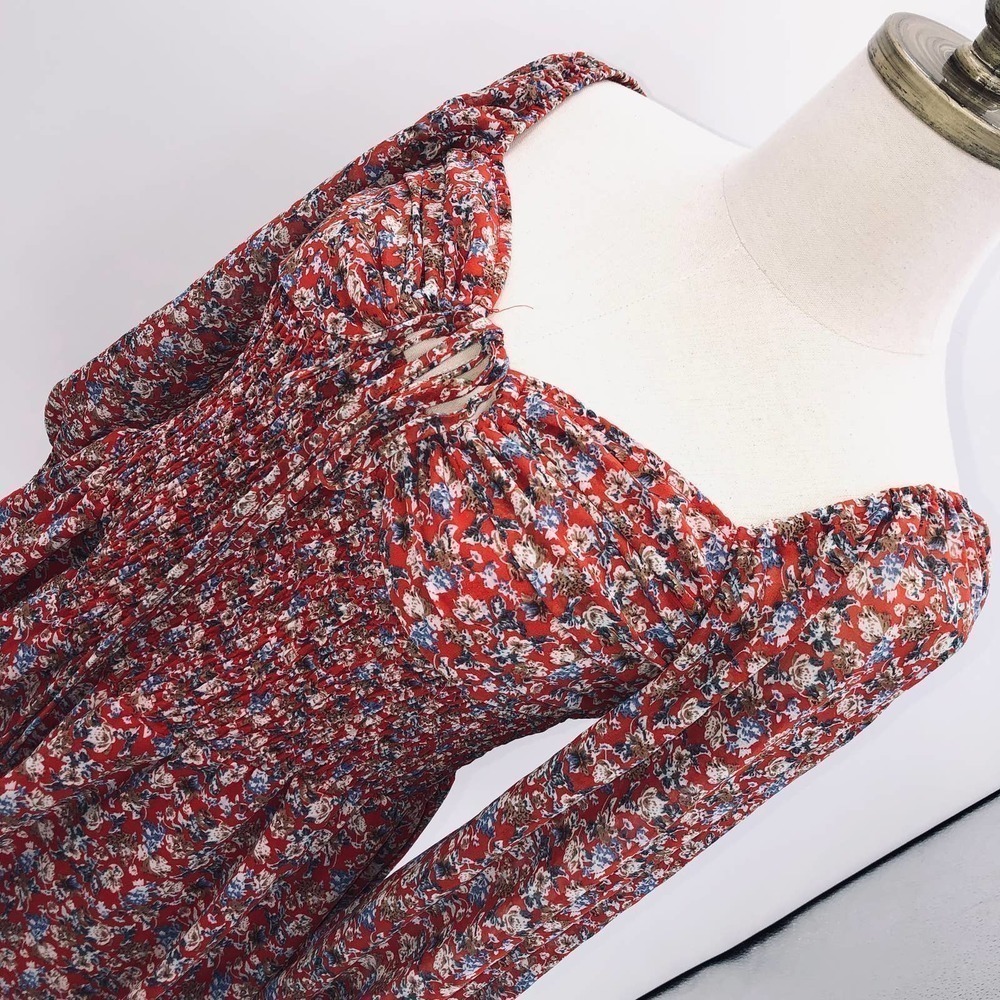 Pretty Little Thing Red/ Floral Print Long Sleeve Mini Sweetheart Dress NWT- 6 - Picture 4 of 12